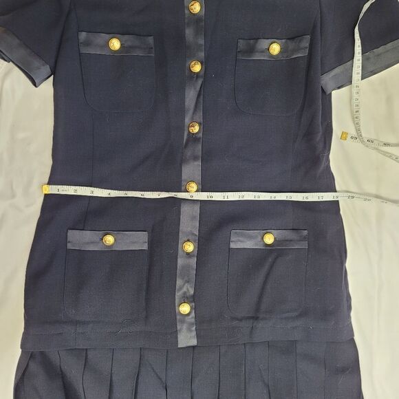 VINTAGE 90s Escada navy blue wool pleated dark academia drop‎ waist dress 36/S - Picture 10 of 12